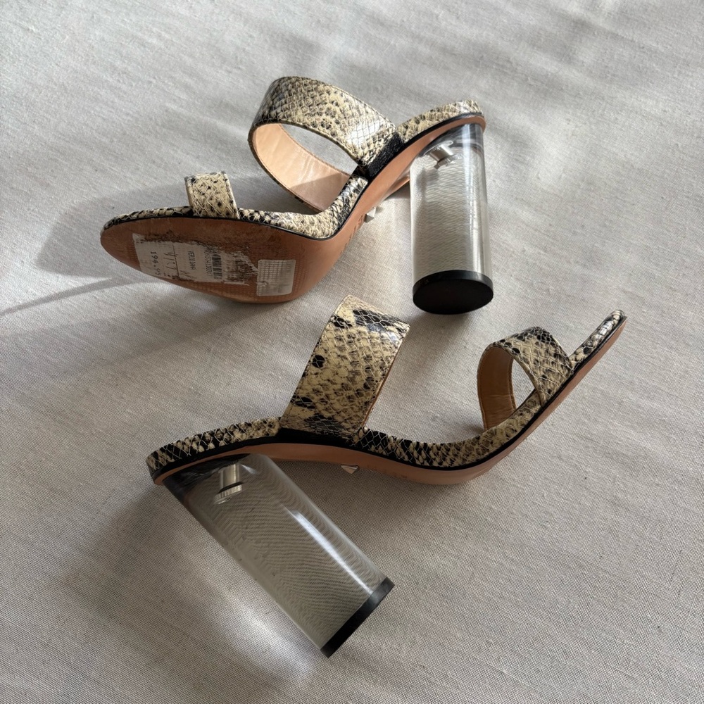 SCHUTZ Snake Print Clear Block Heel Sandals - Beige Black - Picture 4 of 8